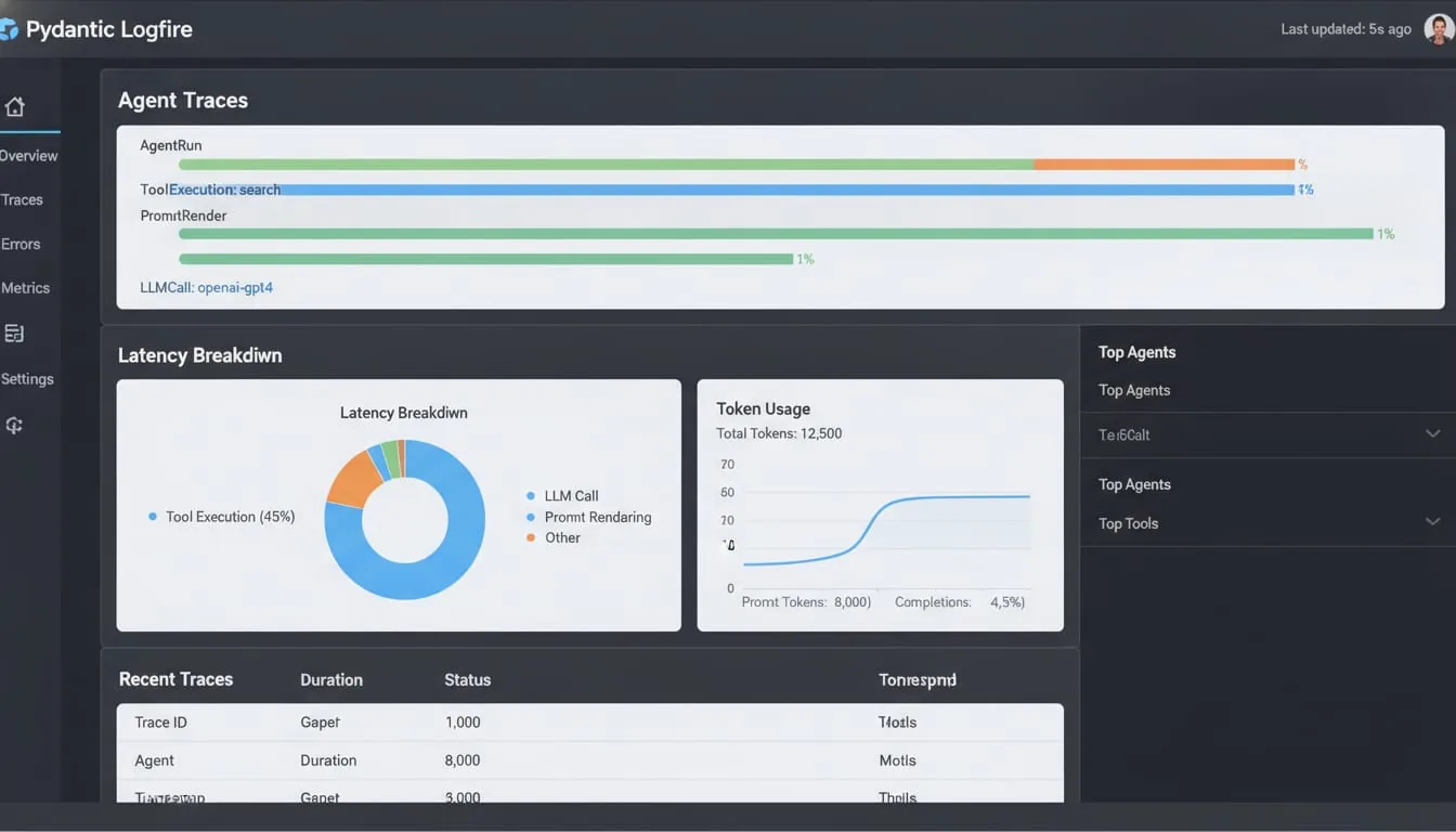 Screenshot of Pydantic Logfire dashboard showing agent traces, latency breakdown, and token usage