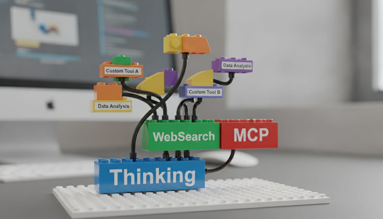 Visual showing capabilities as Lego blocks that snap together: Thinking, WebSearch, MCP, custom tools