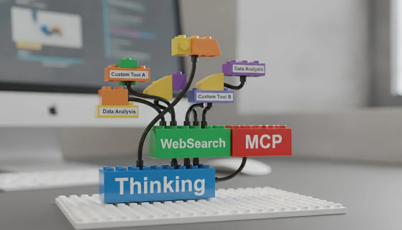 Visual showing capabilities as Lego blocks that snap together: Thinking, WebSearch, MCP, custom tools