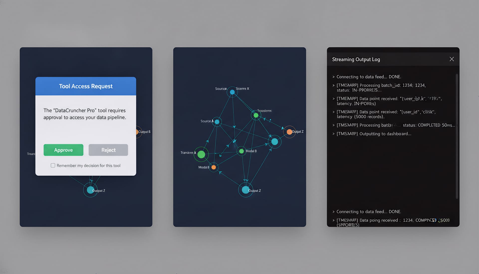 Collage of small UI mockups showing tool approval dialog, graph visualization, and streaming output
