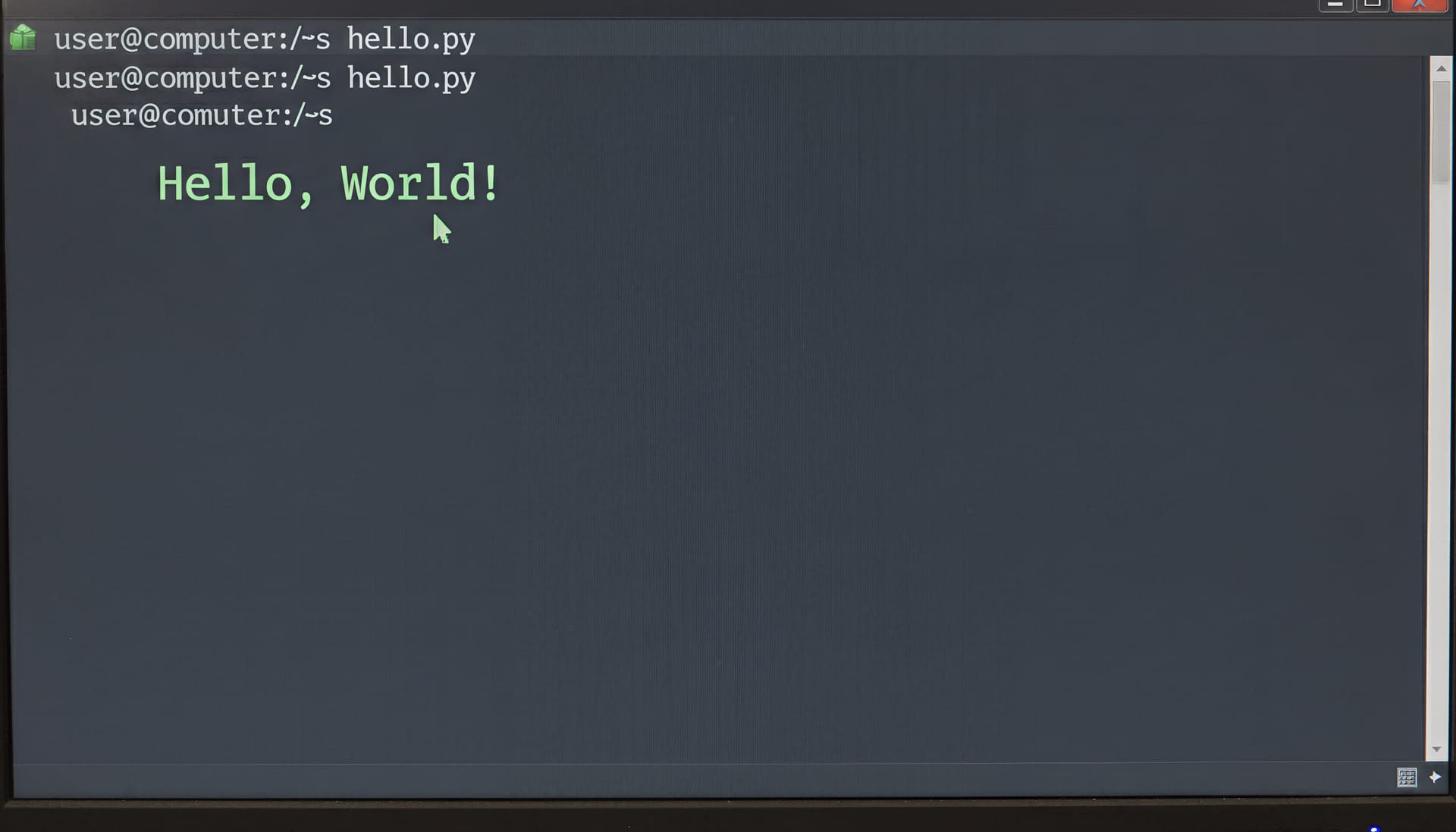 Terminal screenshot showing the hello world output