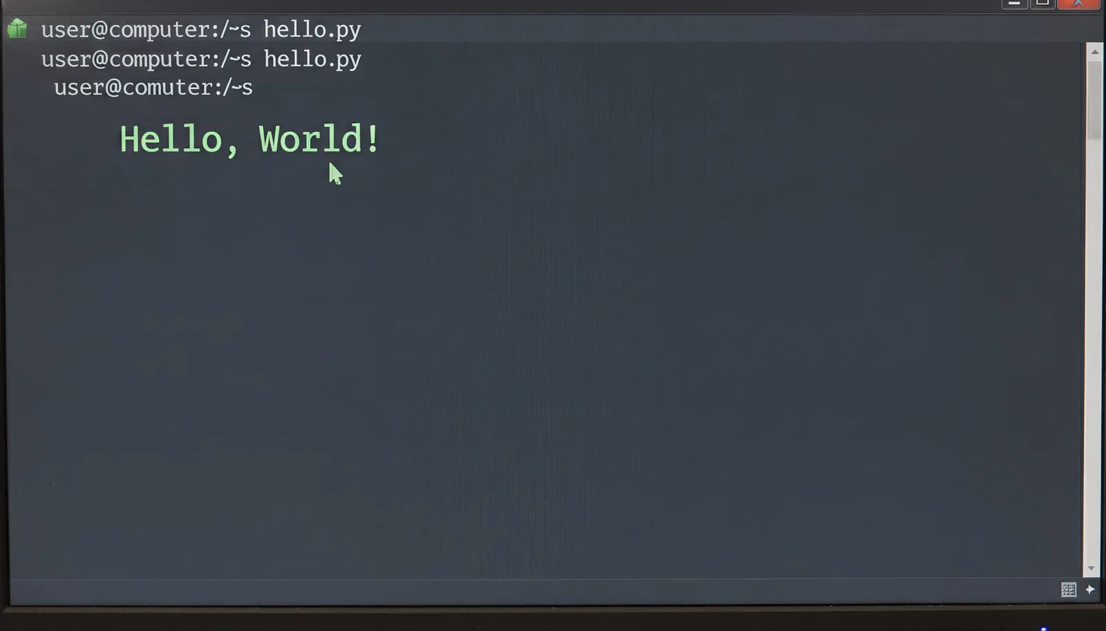 Terminal screenshot showing the hello world output