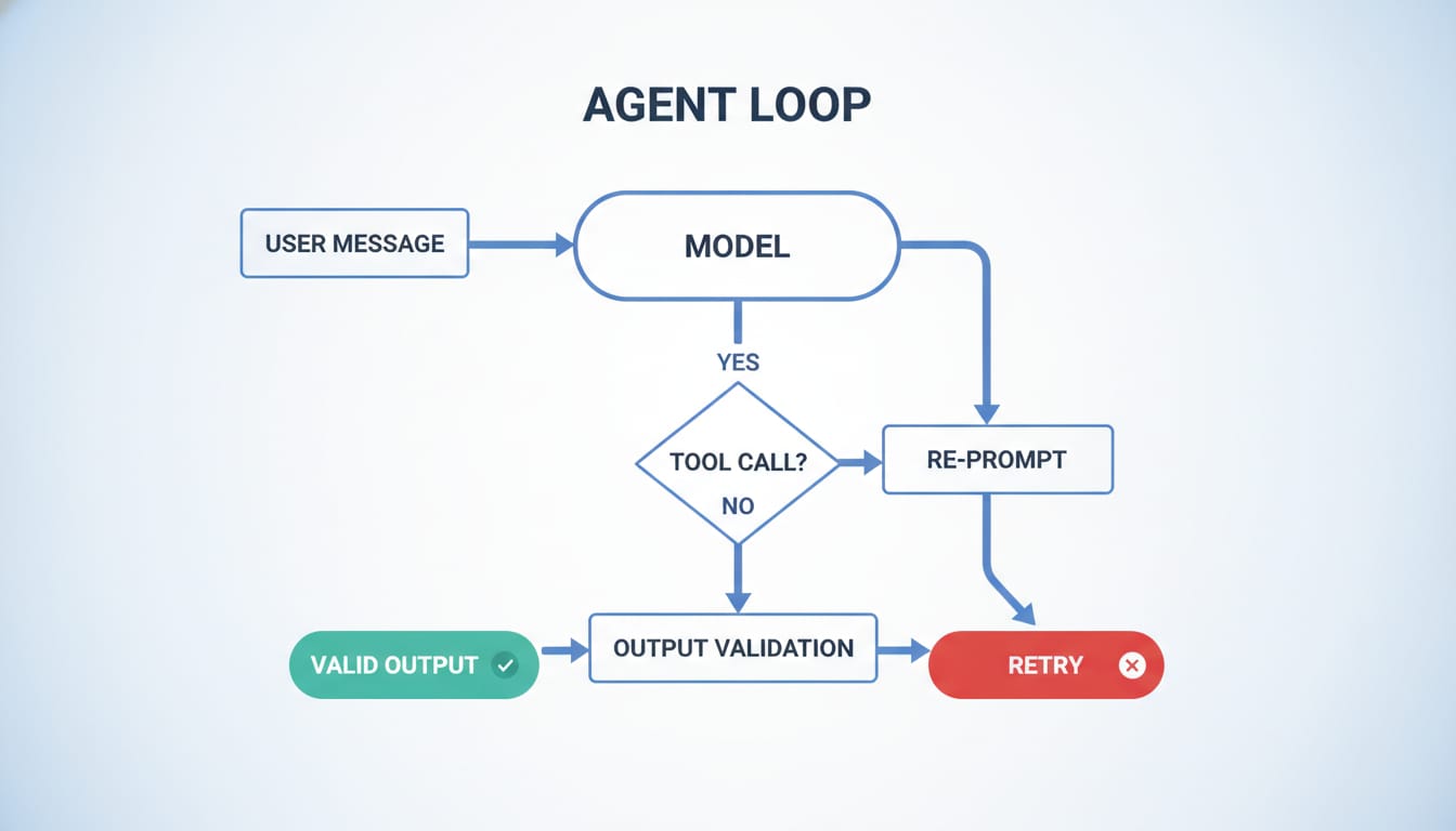Flowchart showing the agent loop: user message → model → tool call? → re-prompt → output validation → valid output / retry