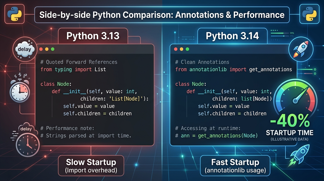 Side-by-side code comparison: left shows Python 3.13 with quoted forward references and slow startup, right shows Python 3.14 with clean annotations and annotationlib usage. A speedometer graphic on the right side shows “-40% startup time” (illustrative).
