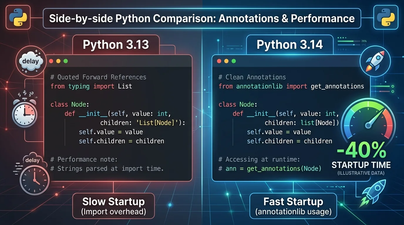 Side-by-side code comparison: left shows Python 3.13 with quoted forward references and slow startup, right shows Python 3.14 with clean annotations and annotationlib usage. A speedometer graphic on the right side shows “-40% startup time” (illustrative).