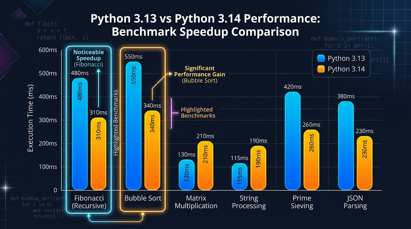 A line chart showing Python 3.13 vs 3.14 performance across several benchmarks, with Fibonacci and bubble sort highlighted. The bars for 3.14 are noticeably taller.
