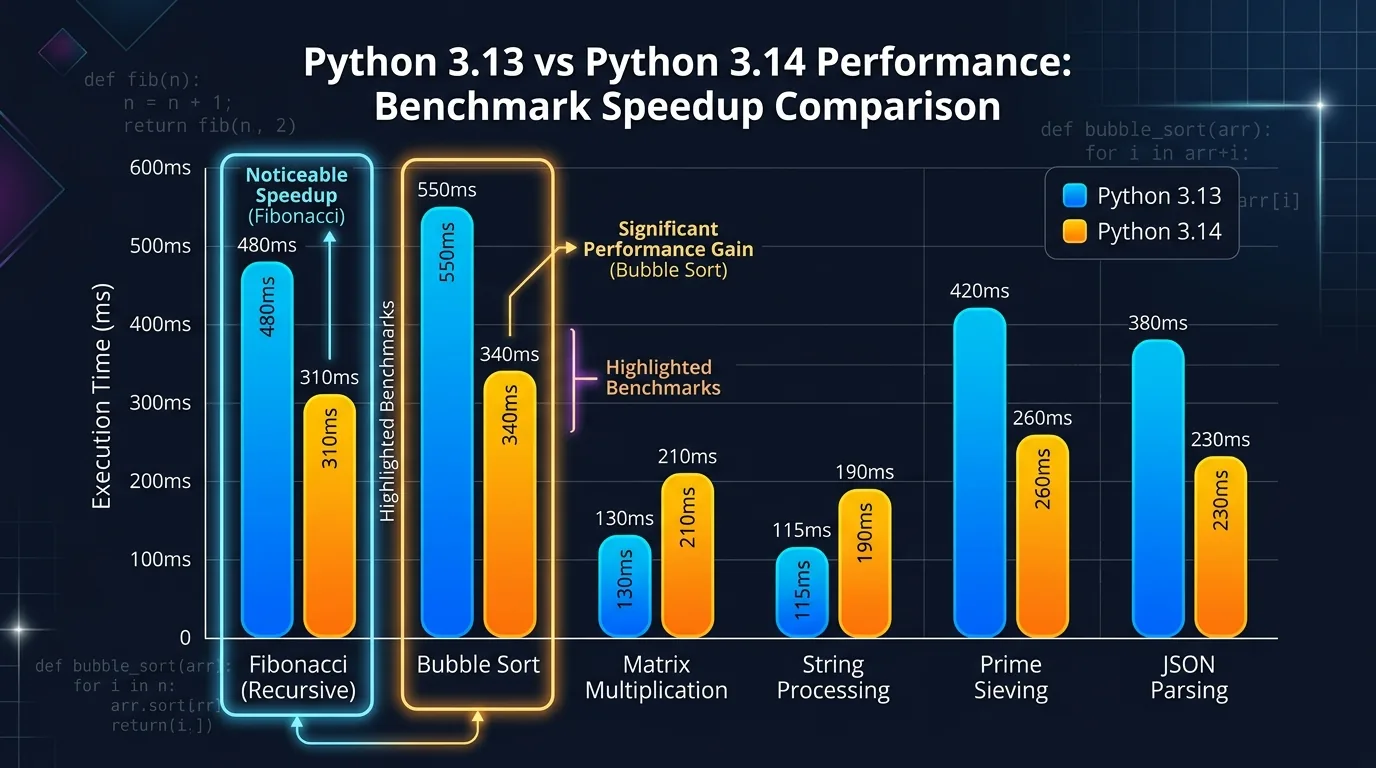 A line chart showing Python 3.13 vs 3.14 performance across several benchmarks, with Fibonacci and bubble sort highlighted. The bars for 3.14 are noticeably taller.