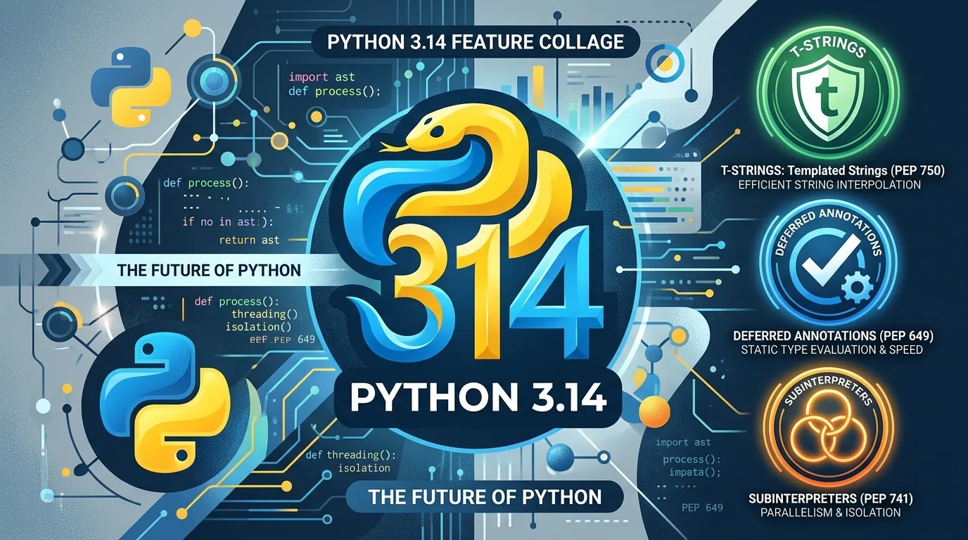 Collage of Python 3.14 logo (a stylized “314” snake) with three icon badges: a checkmark (deferred annotations), a shield (t-strings), and three interlocking circles (subinterpreters).