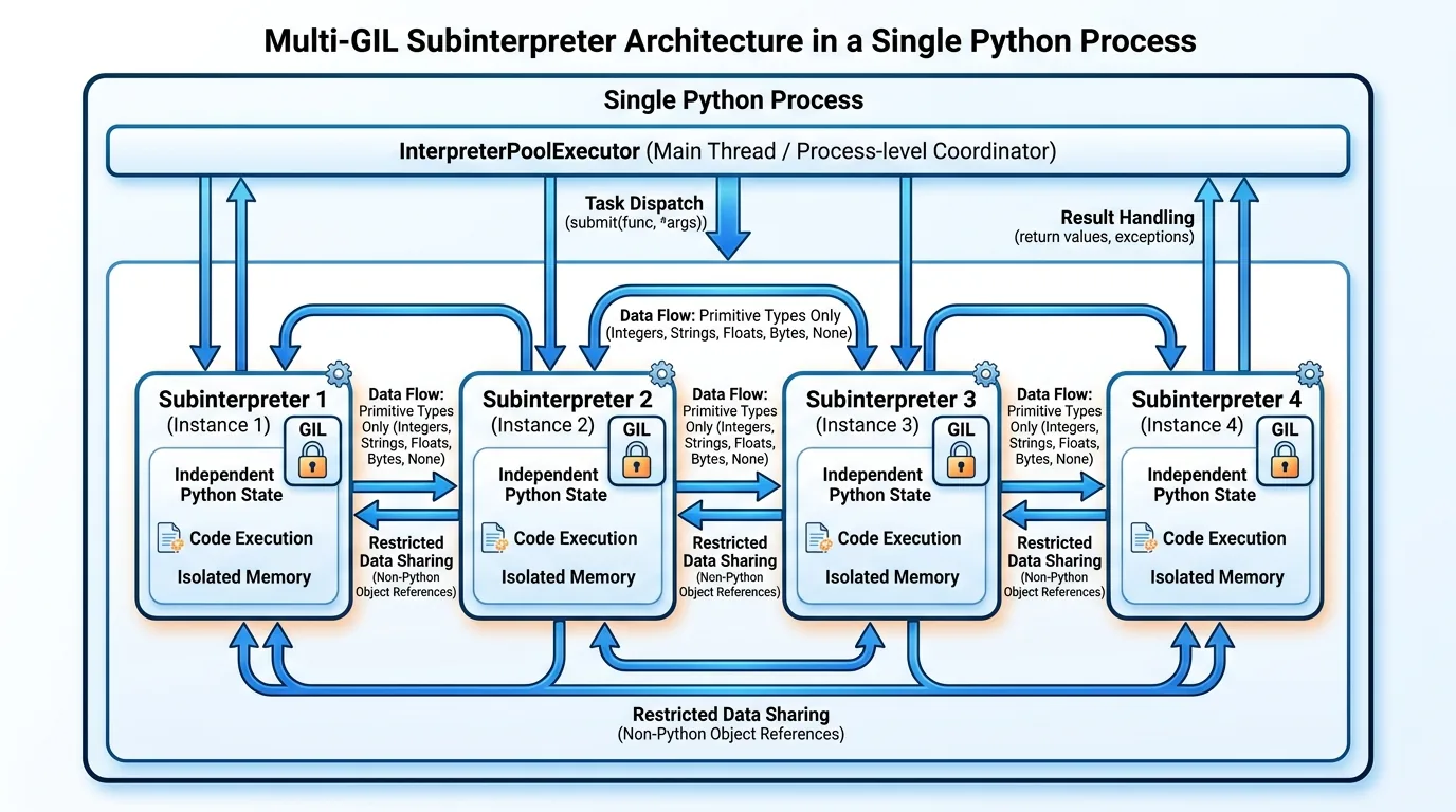 Architecture diagram showing a single Python process with 4 subinterpreters, each with its own GIL (symbolized by a small lock). Arrows between interpreters show data flow limited to primitive types. A box labeled “InterpreterPoolExecutor” coordinates task dispatching.