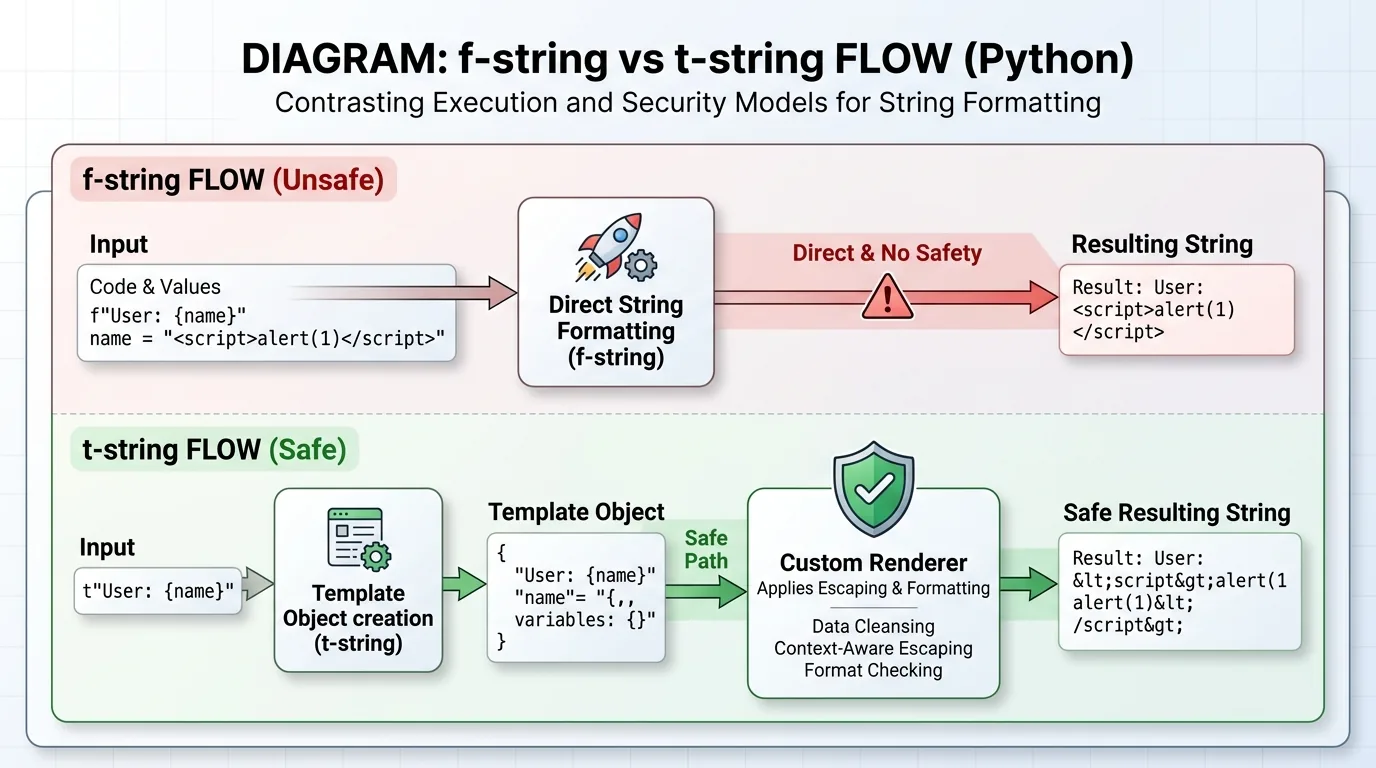 Diagram showing f-string vs t-string flow: f-string goes directly to string (no safety), t-string goes through a Template object then to a custom renderer that can apply escaping or formatting. A shield icon appears on the renderer path.