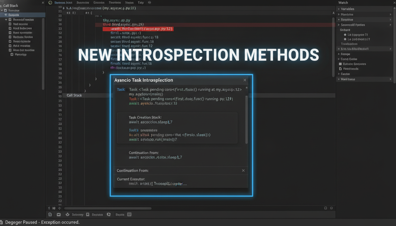 Screenshot of an asyncio task stack trace displayed in a debugger, highlighting the new introspection methods