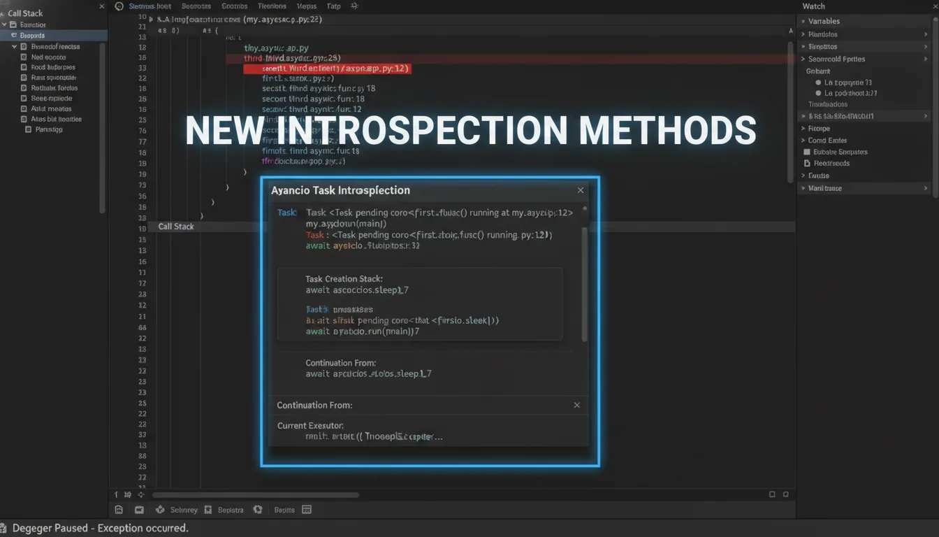Screenshot of an asyncio task stack trace displayed in a debugger, highlighting the new introspection methods