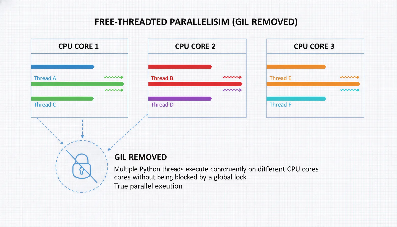 A diagram showing threads running on multiple CPU cores with the GIL removed, illustrating free-threaded parallelism